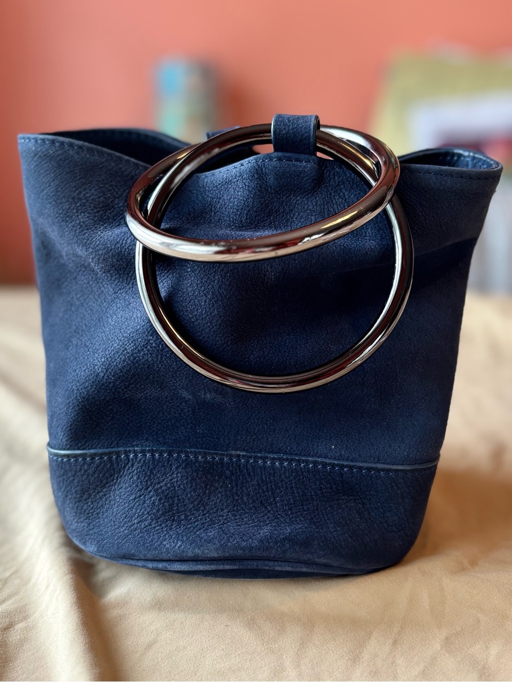 Simon Miller Navy Suede Mini Bucket Bag with Double Ring Handle